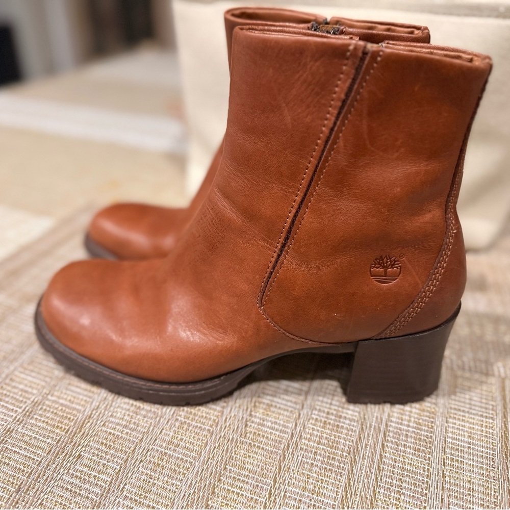 Timberland Genuine Leather Alyse Square Toe Chunky Block High Heeled Ankle Boots